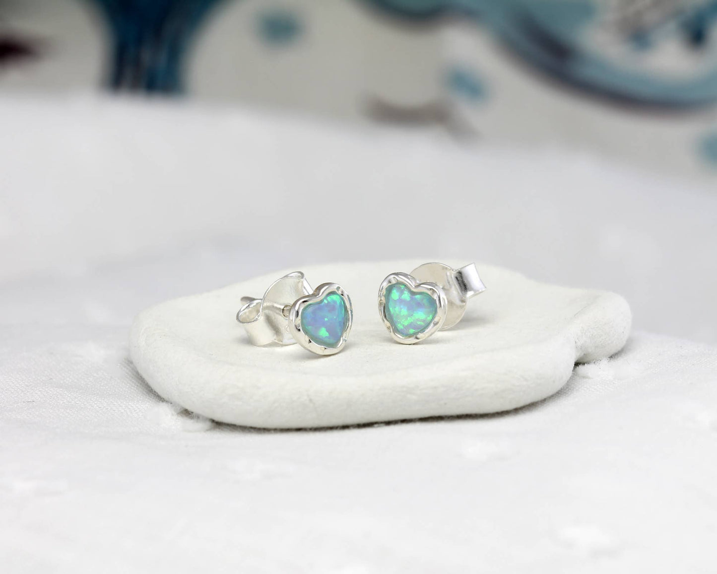 Pale Blue Opalite Heart Stud Earrings
