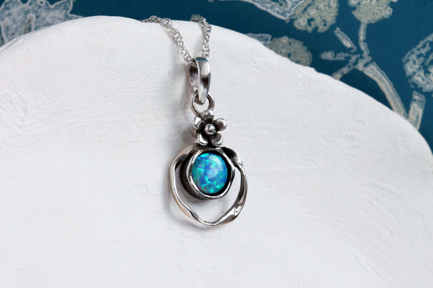 Handmade Sterling Silver Opalite Pendant with Flower Detail