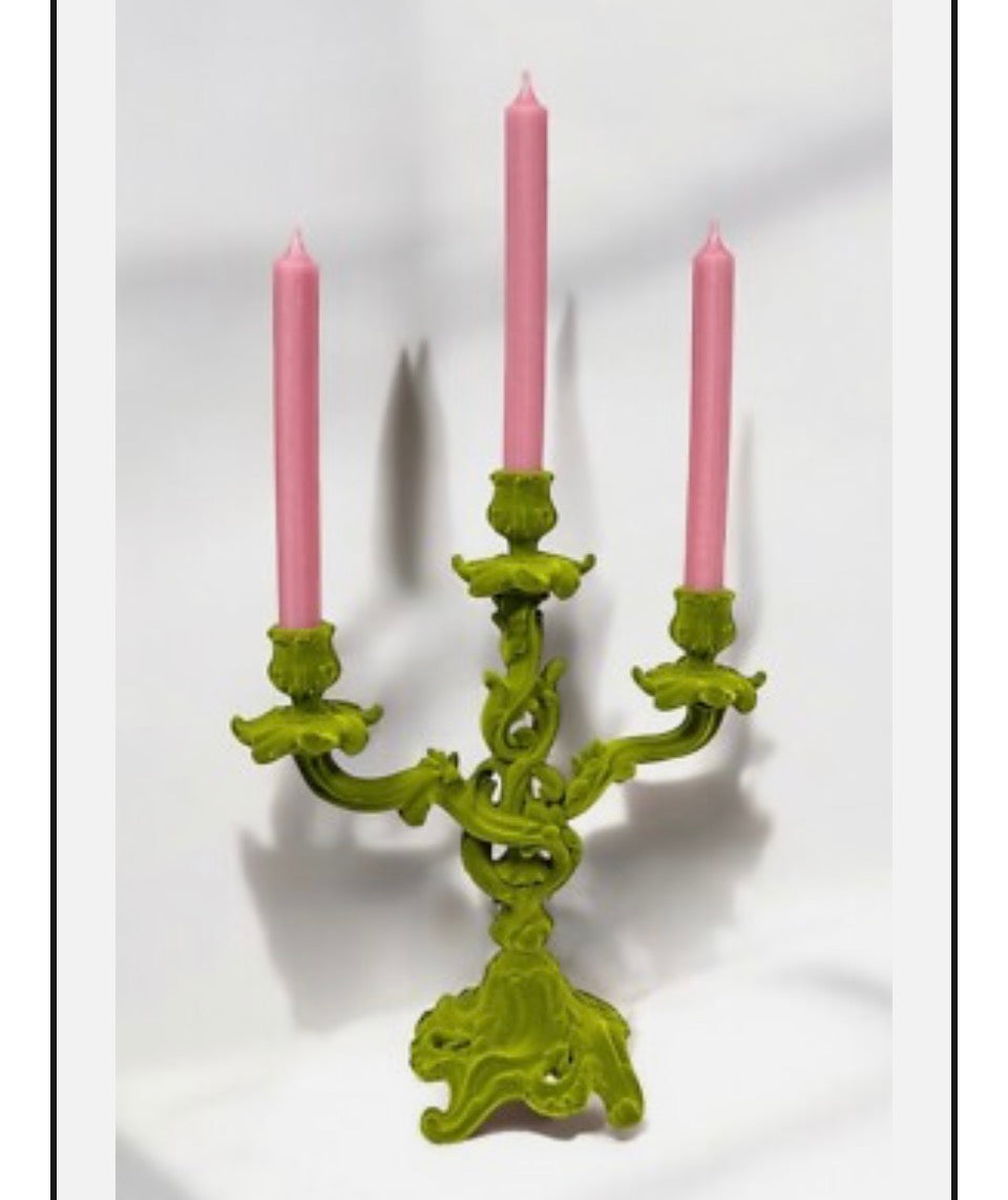 Flock Ornate Modern Baroque Candle Holder Green Velvet Flocked 35.5Cm New