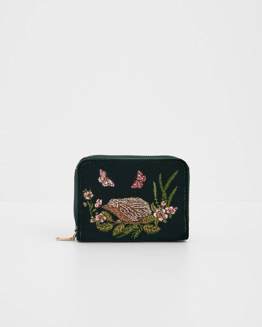 Hedgehog Embroidered Small Purse in Forest Green Velvet