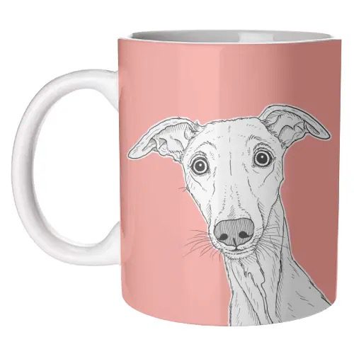 Mugs, Whippet Dog Portrait (Coral Background)