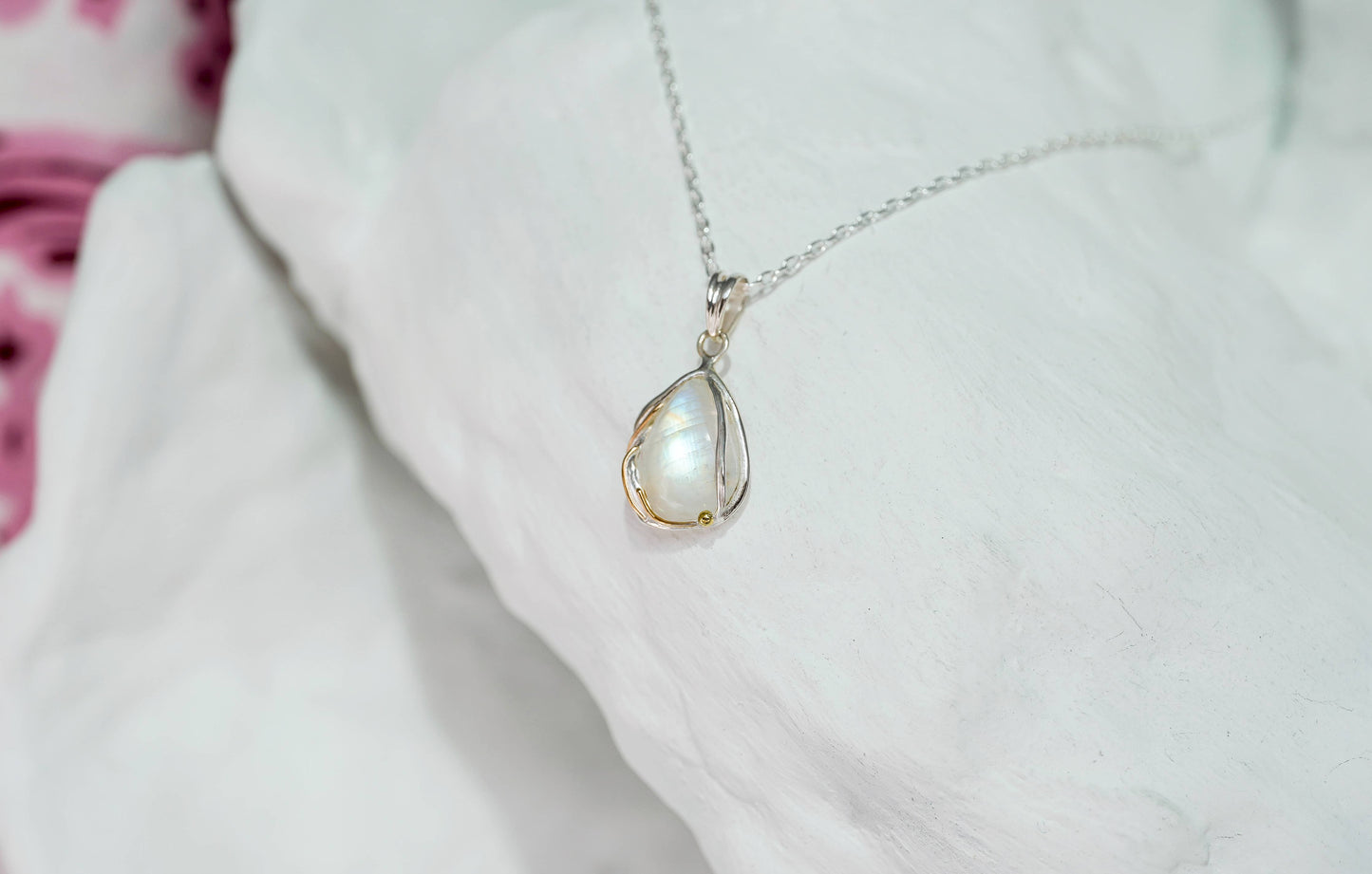 Handmade Rainbow Moonstone Sterling Silver Droplet Pendant