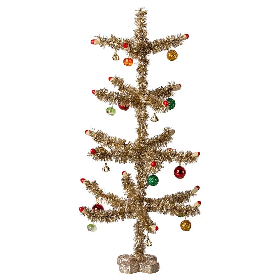 Maileg gold Christmas tree with red and green decorations