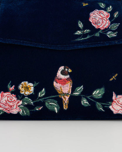 Rosy Posy Embroidered Blue Mini Top Handle Tote