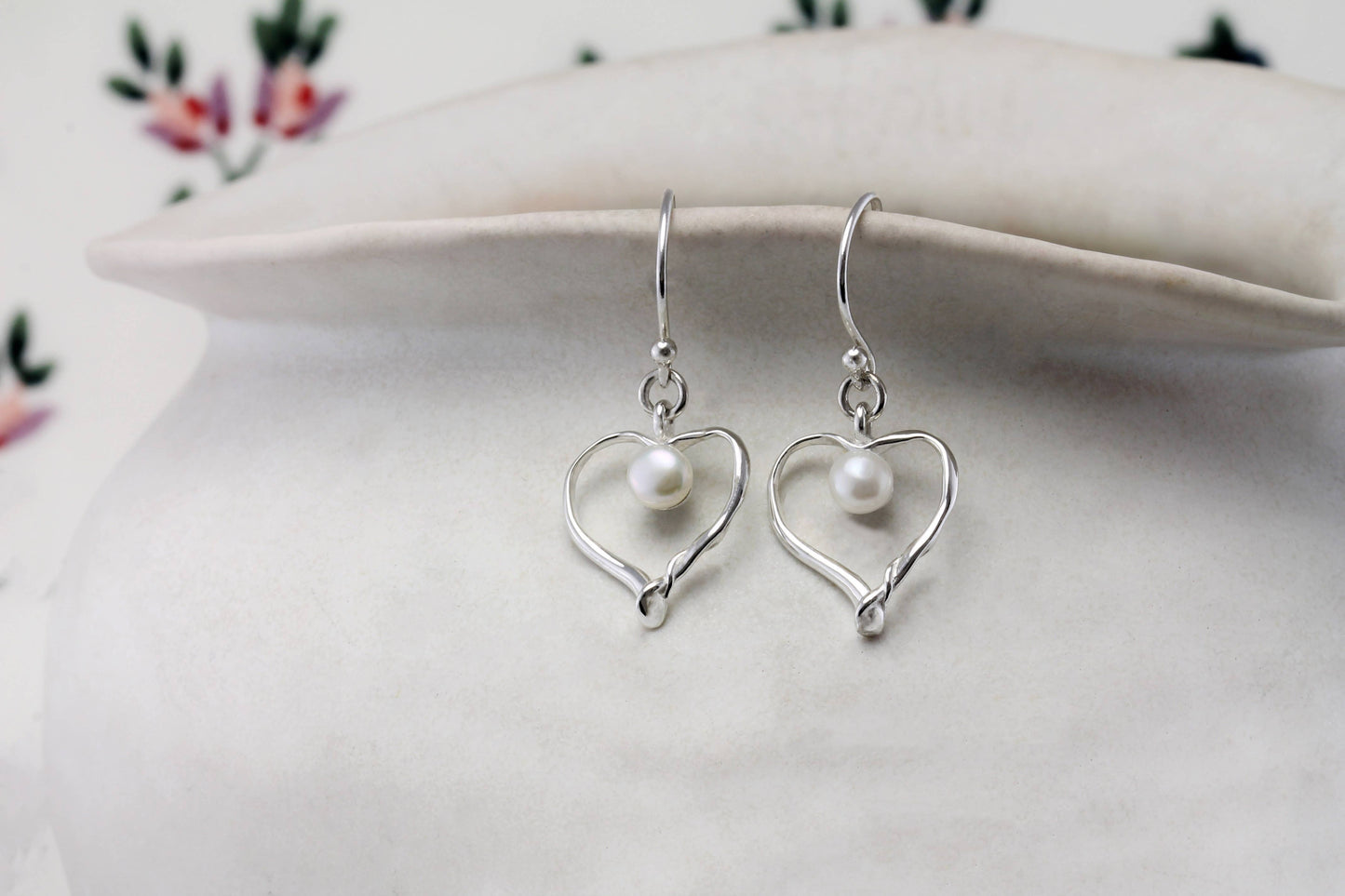 Handmade Sterling Silver Freshwater Pearl Heart Earrings