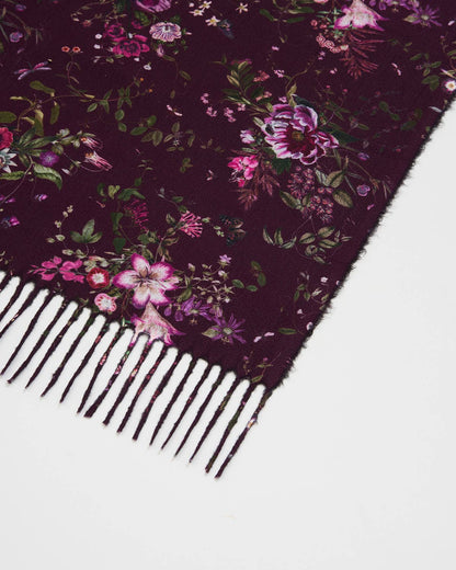 Eve Floral Long Fringed Scarf in Burgundy