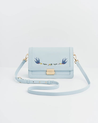 Bird Blue Embroidered Foldover Bag
