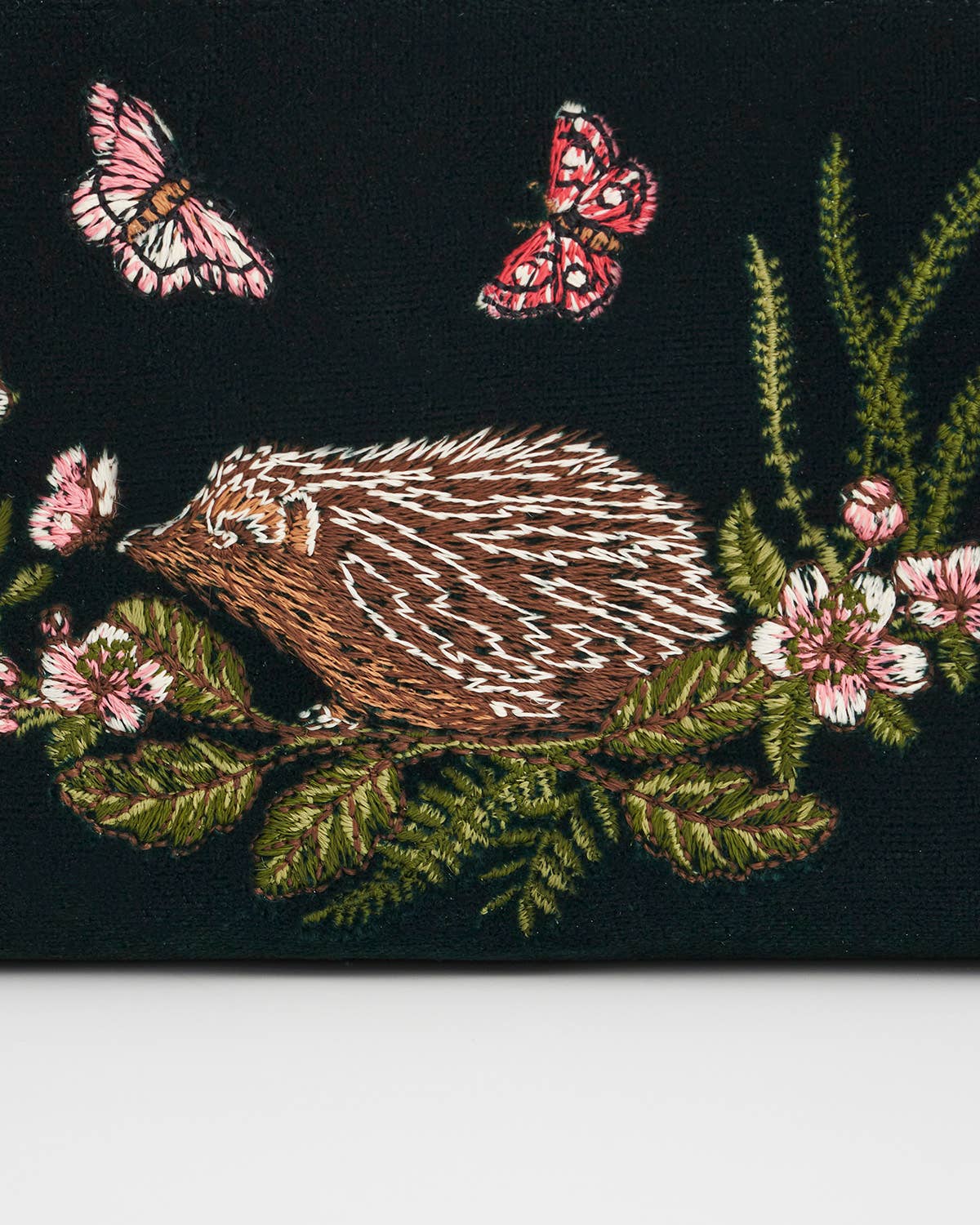 Hedgehog Embroidered Small Purse in Forest Green Velvet