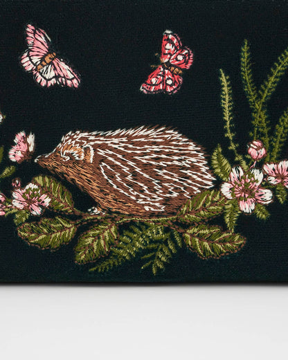 Hedgehog Embroidered Small Purse in Forest Green Velvet