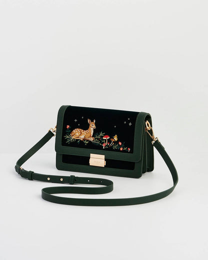 Fawn Embroidered Green Crossbody Bag