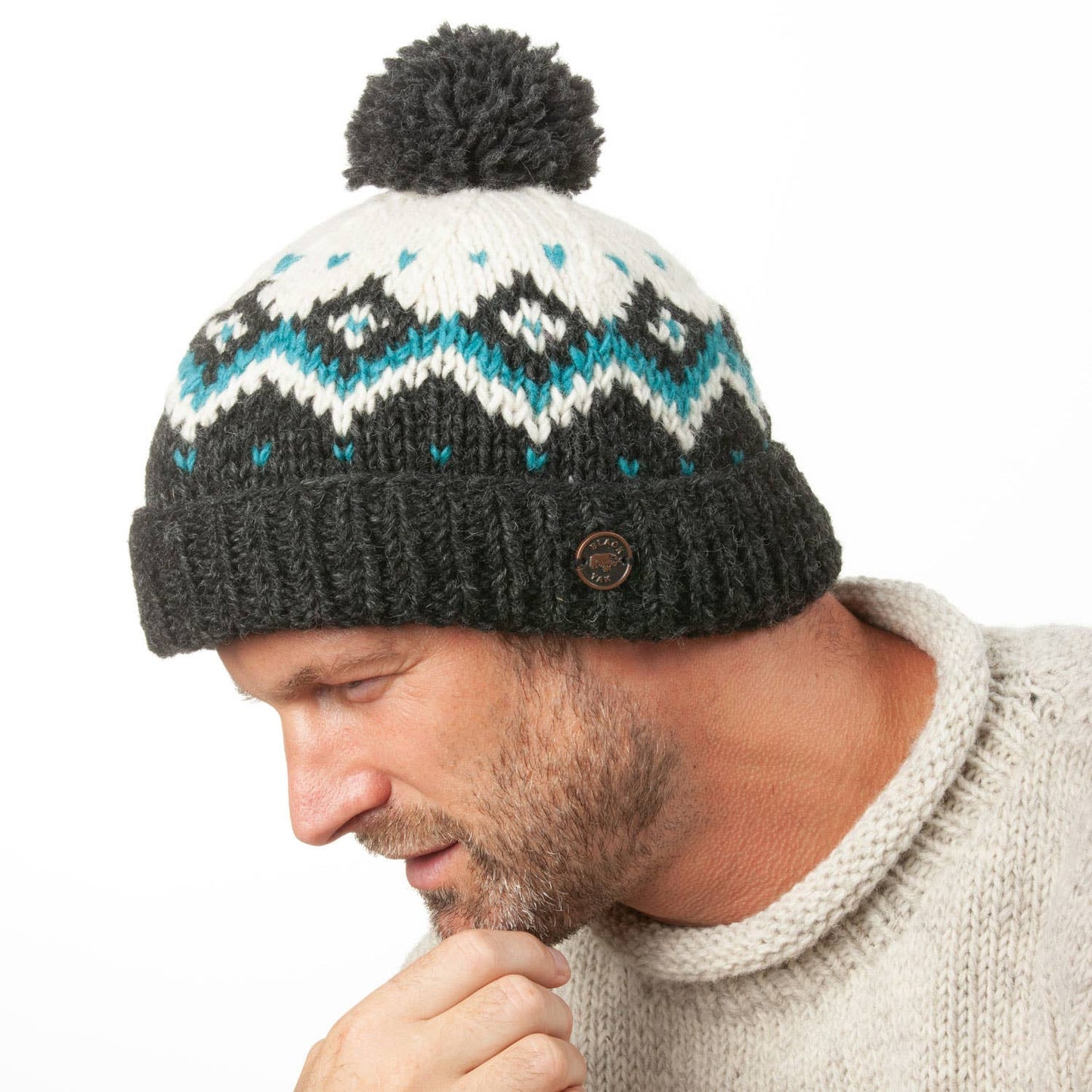 Dot Diamond Bobble Hat - Pure Wool - Knitted - Fair Trade