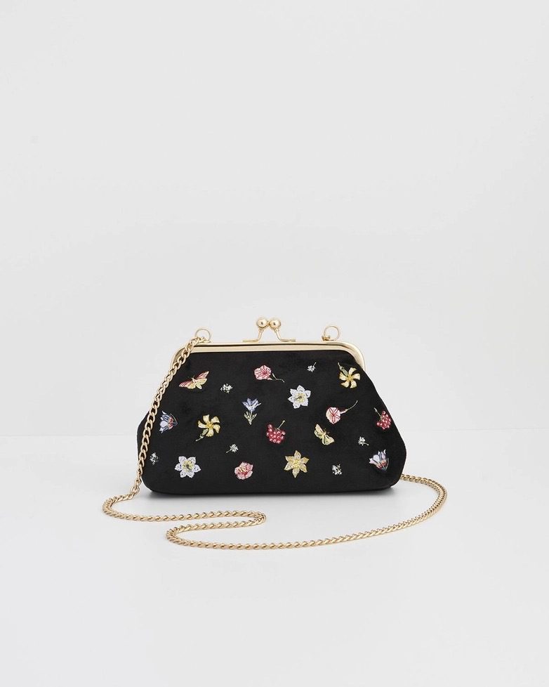 Floral Ditsy Embroidered Black Velvet Clutch Purse