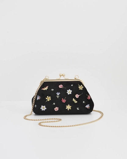 Floral Ditsy Embroidered Black Velvet Clutch Purse