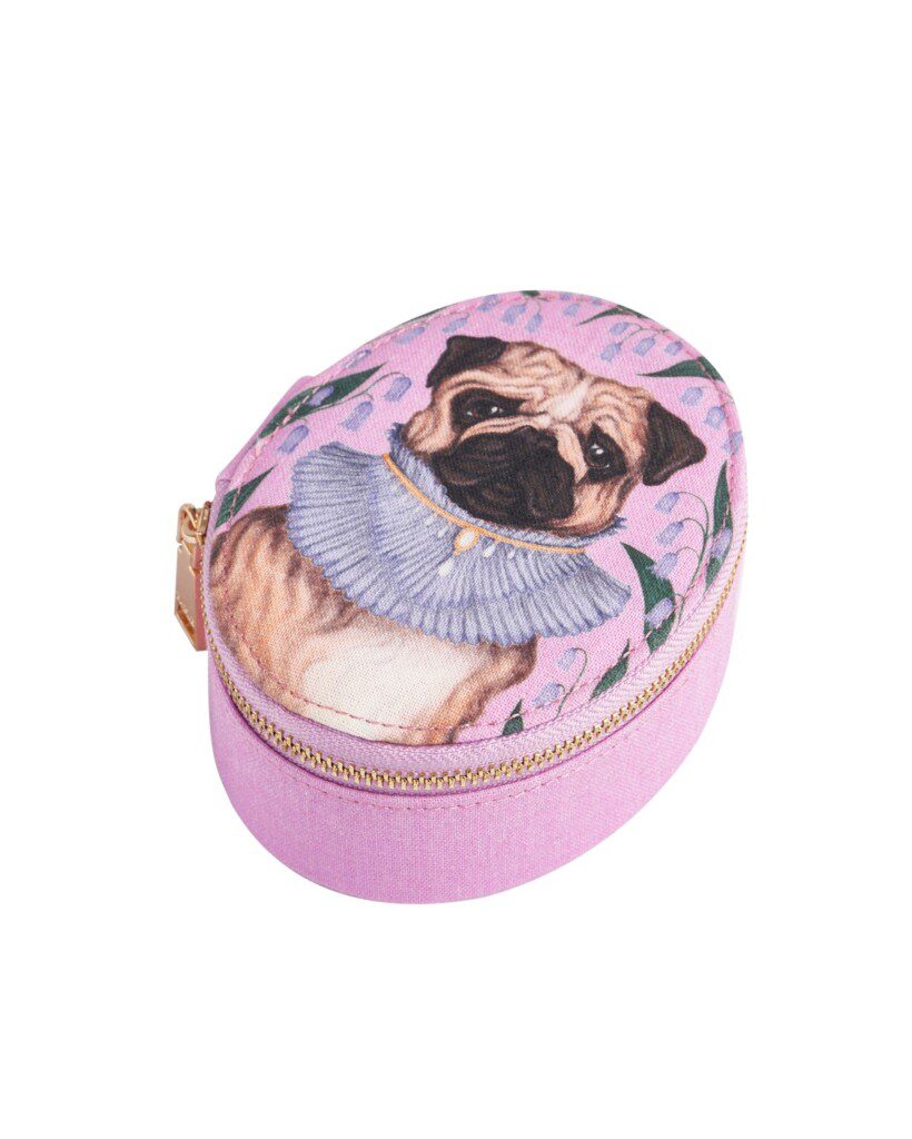 Catherine Rowe Pet Portraits Pug Pink Oval Jewellery Box