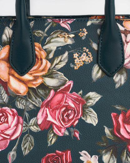 Roses Teal Structured Medium Tote