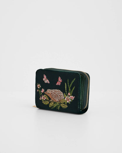 Hedgehog Embroidered Small Purse in Forest Green Velvet
