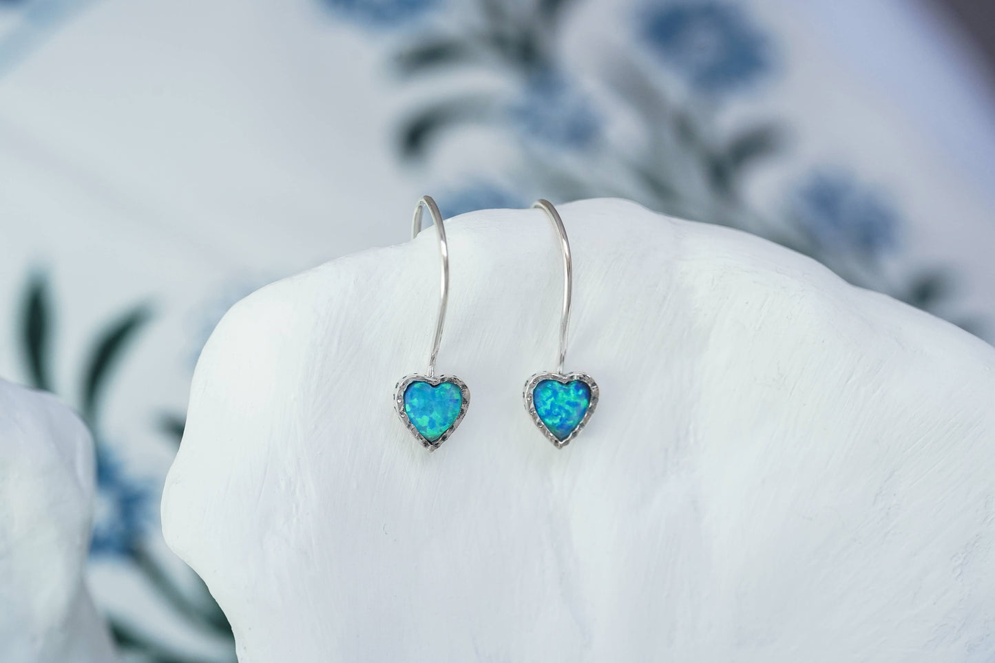 Handmade Sterling Silver Blue Fire Opal Heart Earrings