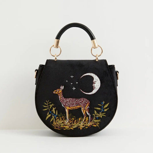 Fable Deer & Moon Embroidered Black Velvet Saddle Purse