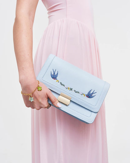 Bird Blue Embroidered Foldover Bag