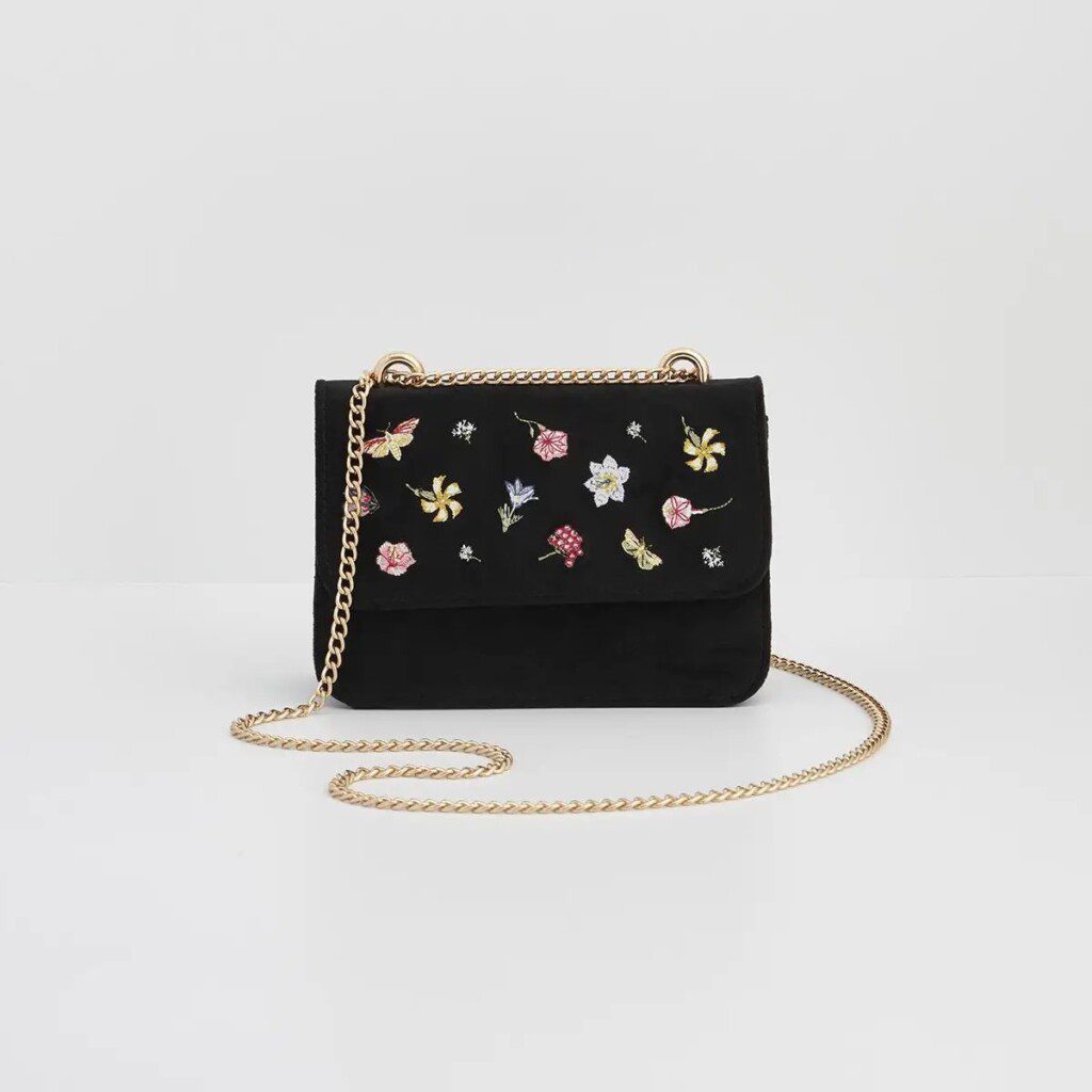 Floral Ditsy Embroidered Black Velvet Purse