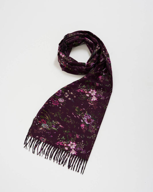 Eve Floral Long Fringed Scarf in Burgundy
