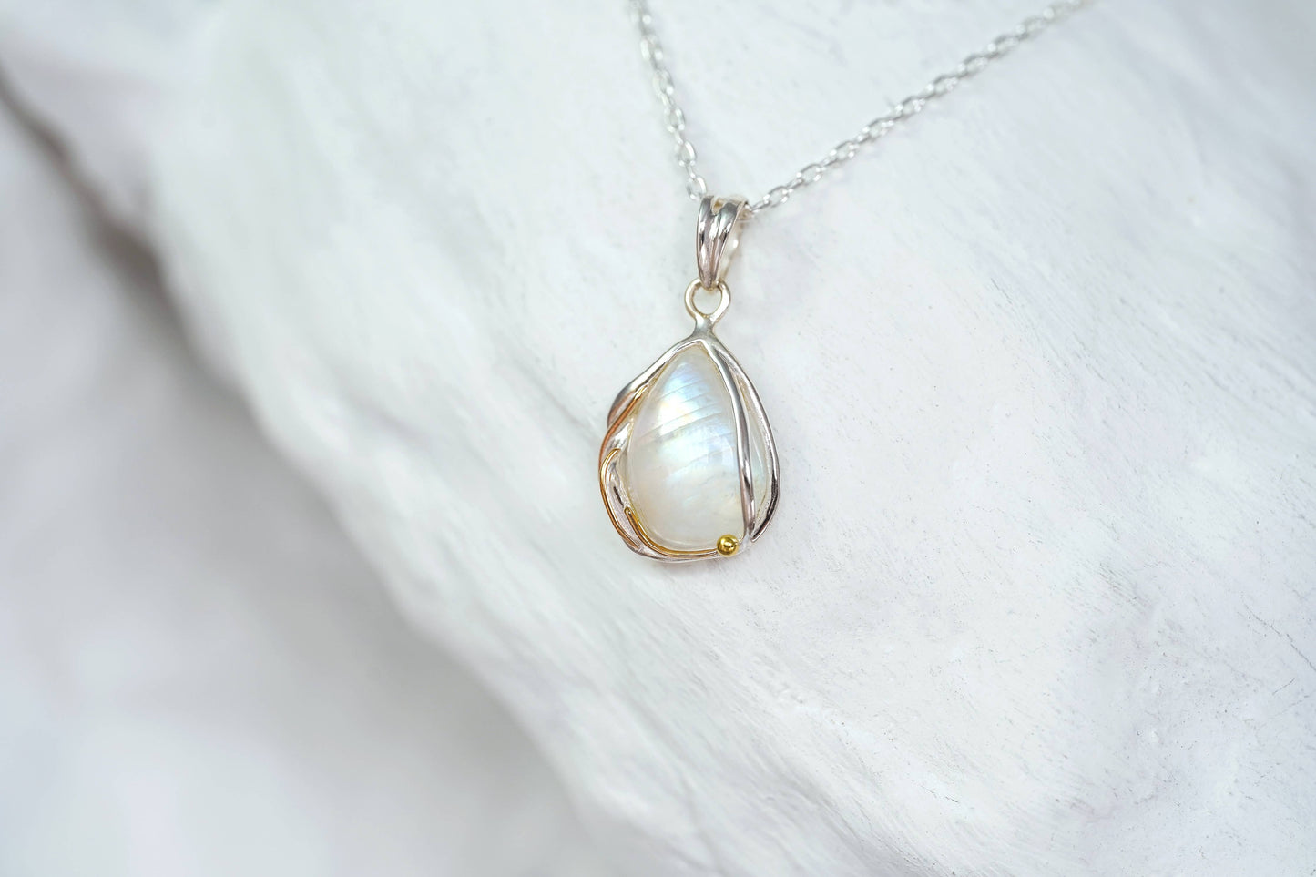 Handmade Rainbow Moonstone Sterling Silver Droplet Pendant