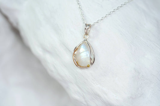 Handmade Rainbow Moonstone Sterling Silver Droplet Pendant
