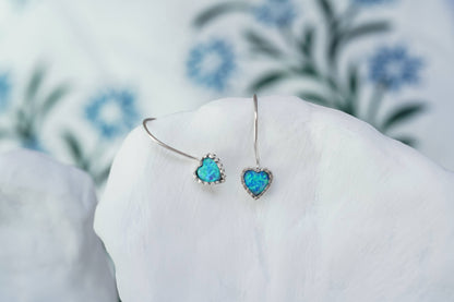 Handmade Sterling Silver Blue Fire Opal Heart Earrings