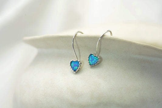 Handmade Sterling Silver Blue Fire Opal Heart Earrings