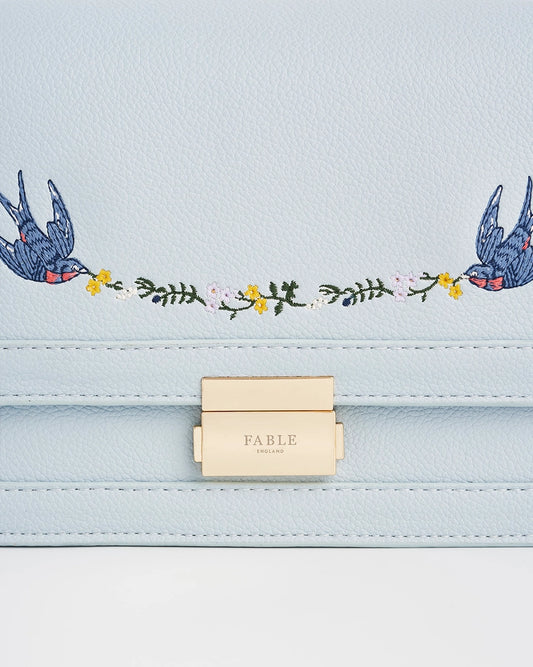 Bird Blue Embroidered Foldover Bag