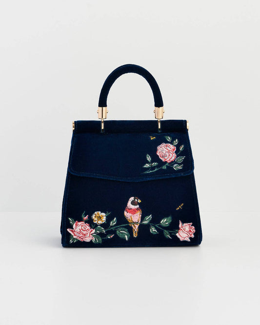 Rosy Posy Embroidered Blue Mini Top Handle Tote
