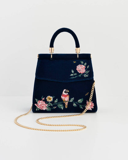 Rosy Posy Embroidered Blue Mini Top Handle Tote