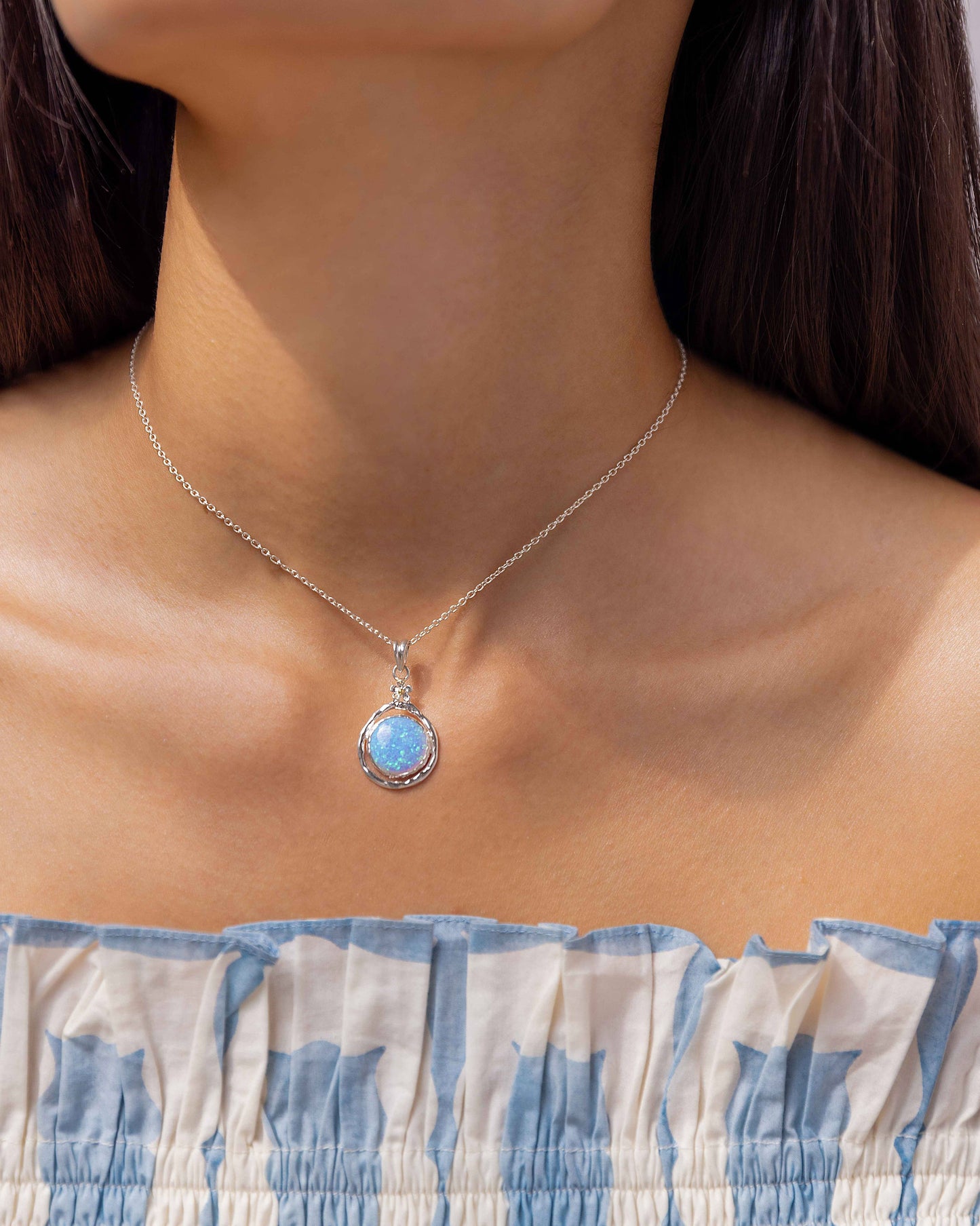 Handmade Silver Opalite Pendant with Tiny Flower Detailing