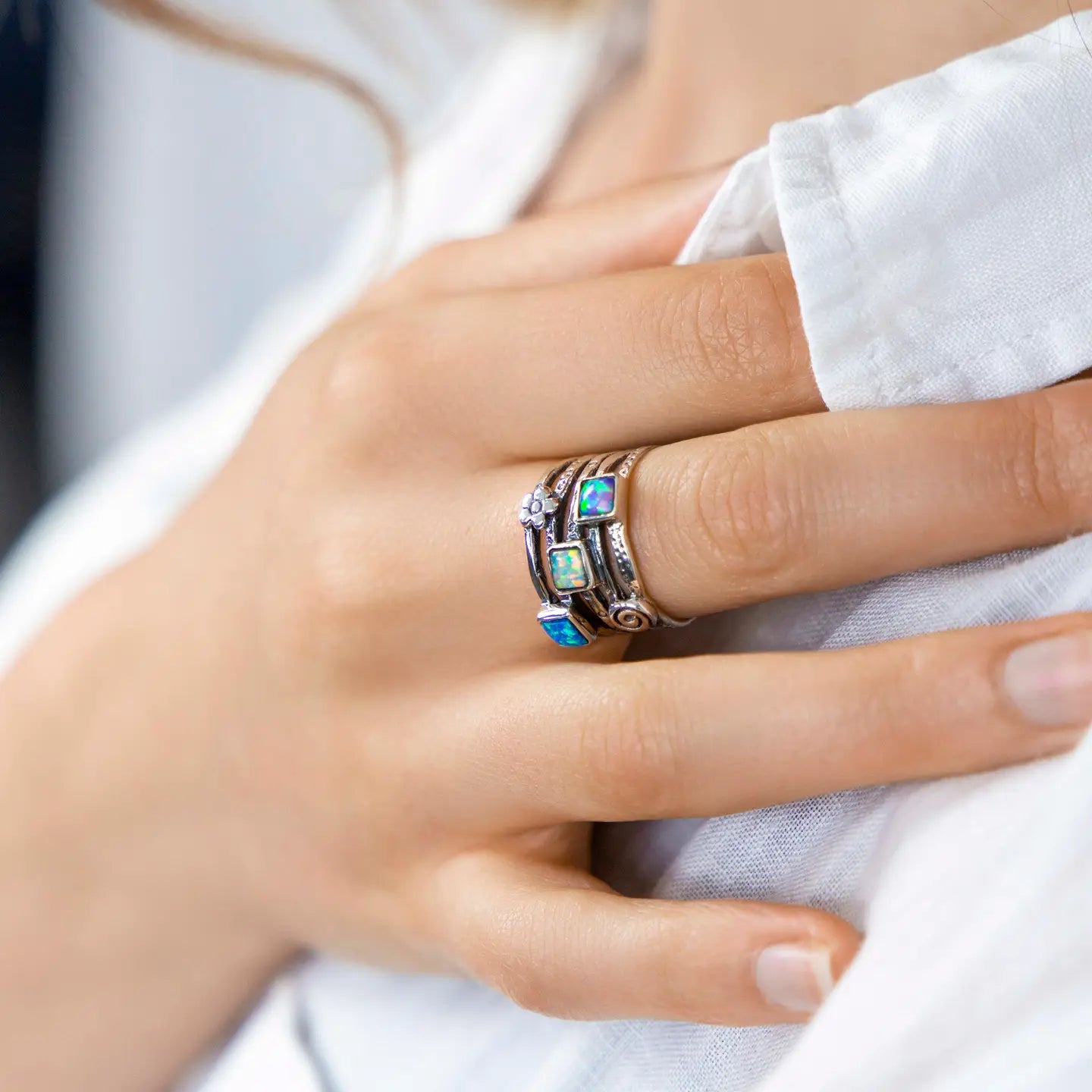 Handmade Sterling Silver Multi Opalite and Flower Ring