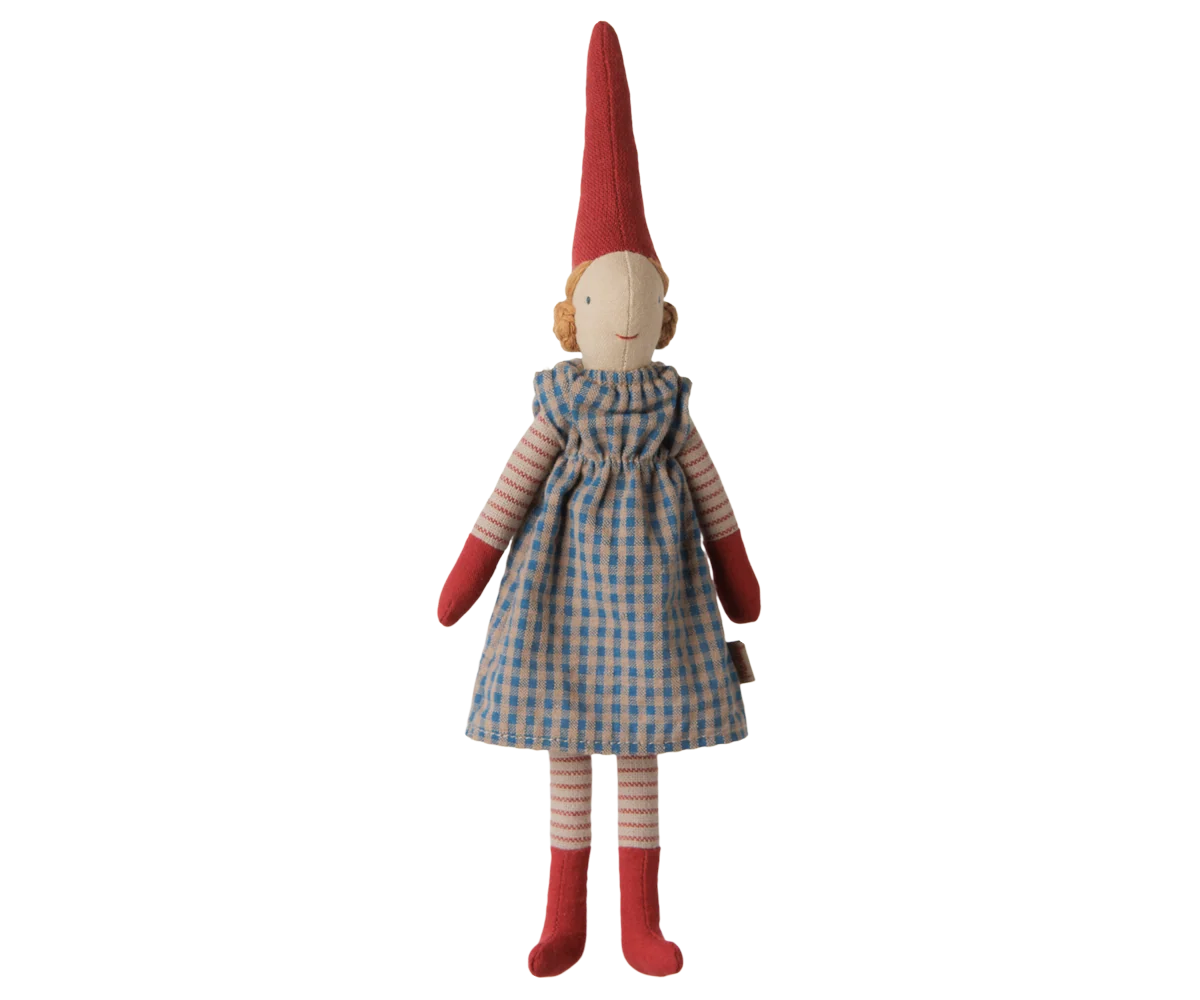 Maileg Pixy Girl Size 1 in a blue checked dress with a red pointed hat, mittens and boots