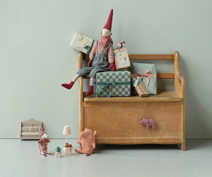 Maileg festive display with Christmas toys and wrapped gifts