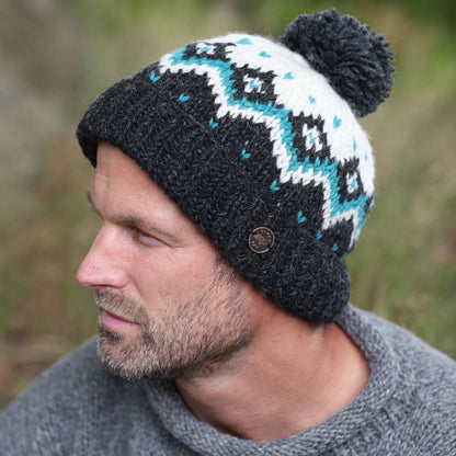 Dot Diamond Bobble Hat - Pure Wool - Knitted - Fair Trade