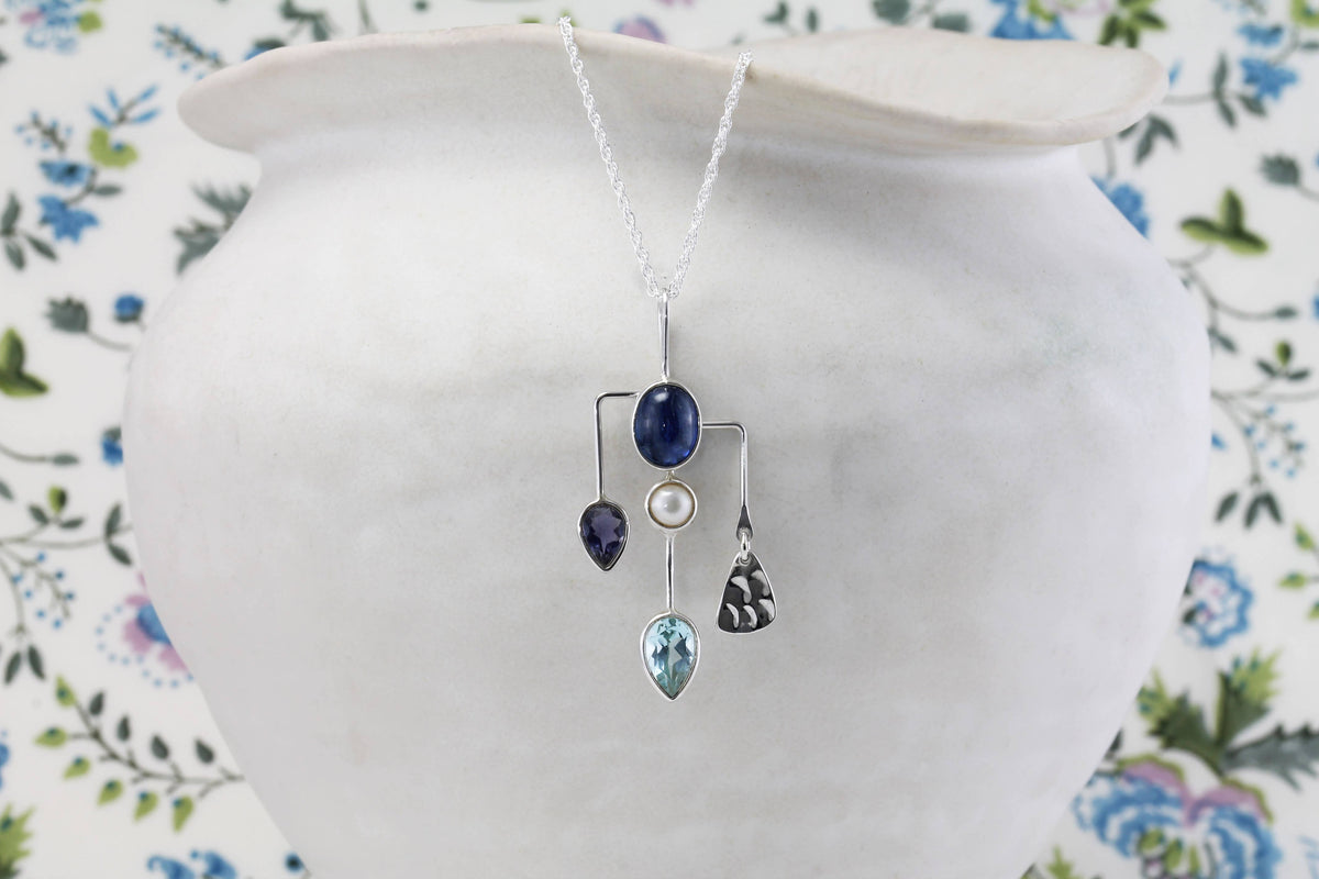 Handmade Kyanite, Iolite, Pearl and Blue Topaz Pendant