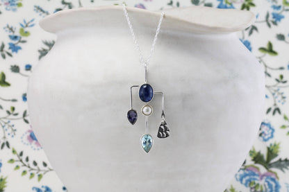 Handmade Kyanite, Iolite, Pearl and Blue Topaz Pendant