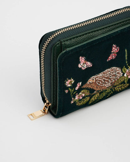 Hedgehog Embroidered Small Purse in Forest Green Velvet