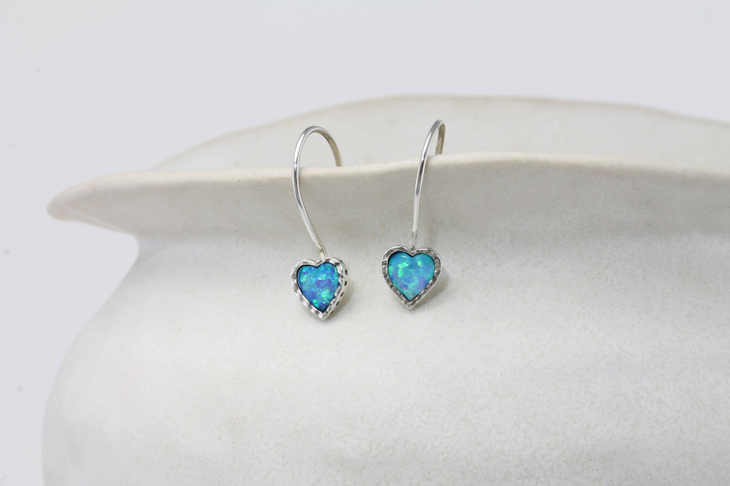 Handmade Sterling Silver Blue Fire Opal Heart Earrings