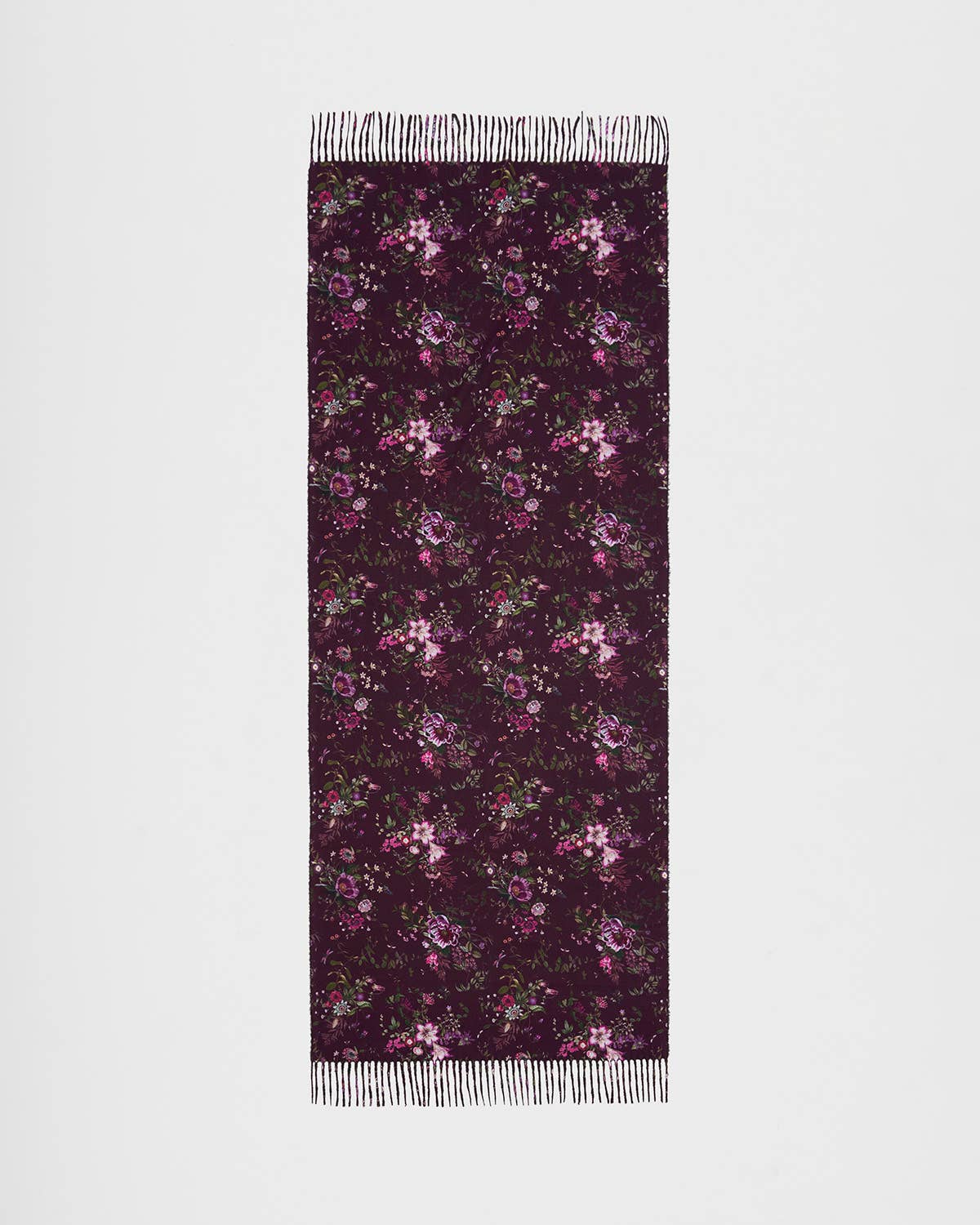 Eve Floral Long Fringed Scarf in Burgundy