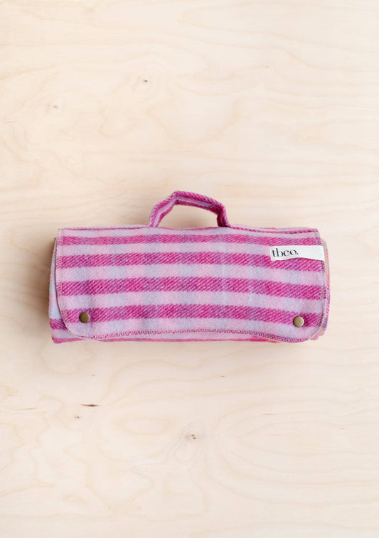Recycled Wool Small Picnic Blanket in Pink Micro Gingham