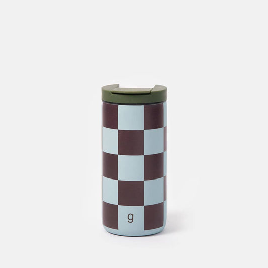 Wine/Blue Check Stainless Steel Coffee Mug