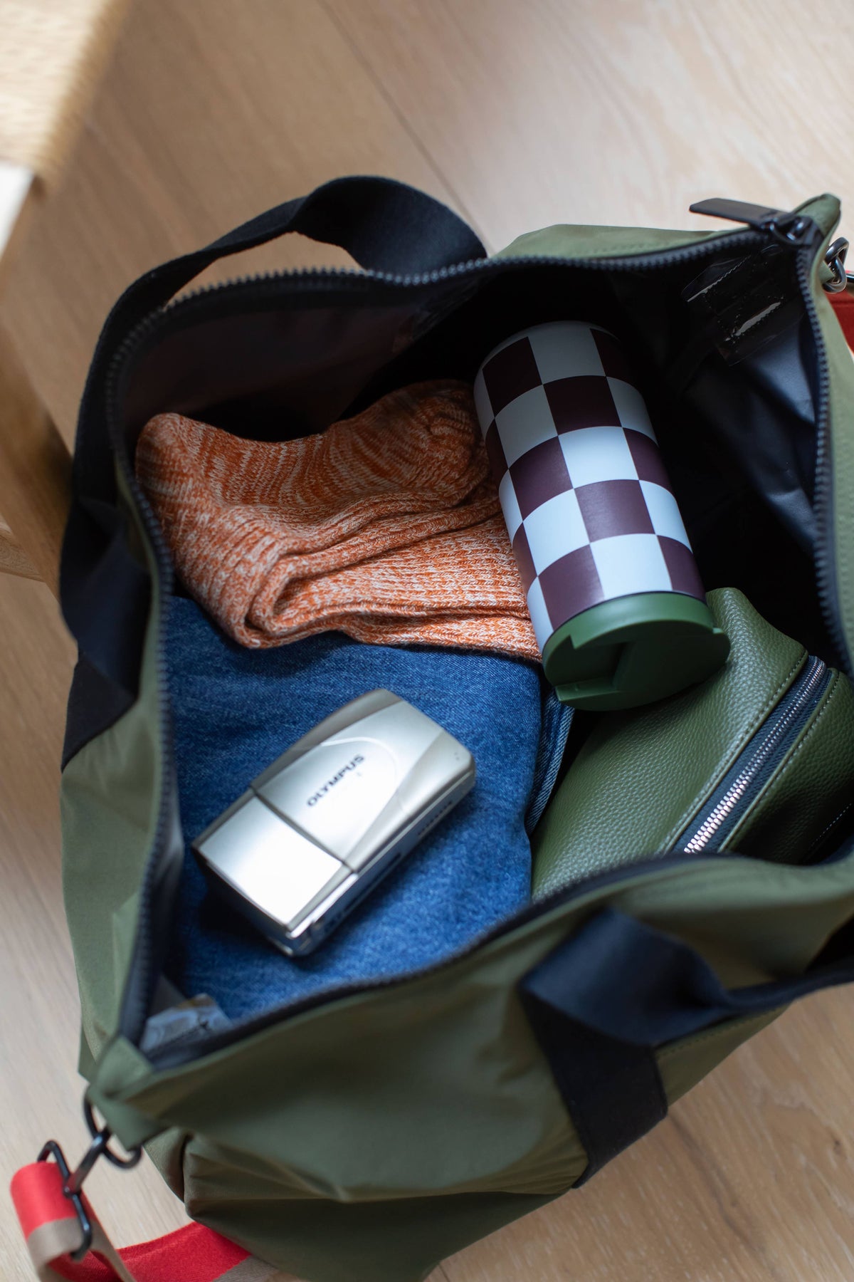 Wine/Blue Check Stainless Steel Coffee Mug