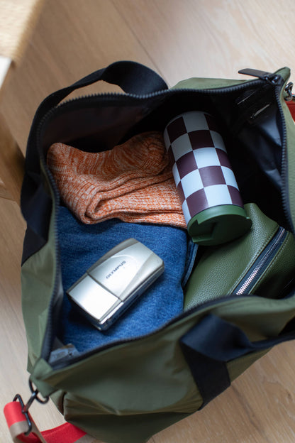 Wine/Blue Check Stainless Steel Coffee Mug