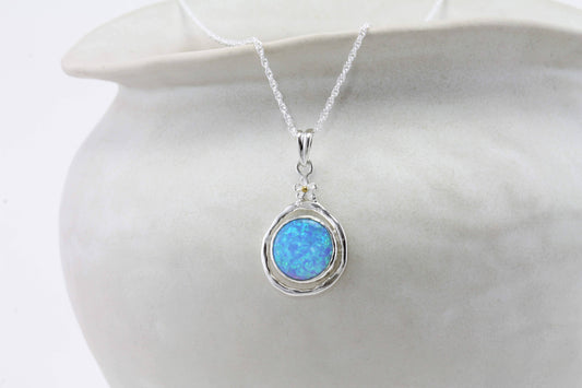 Handmade Silver Opalite Pendant with Tiny Flower Detailing