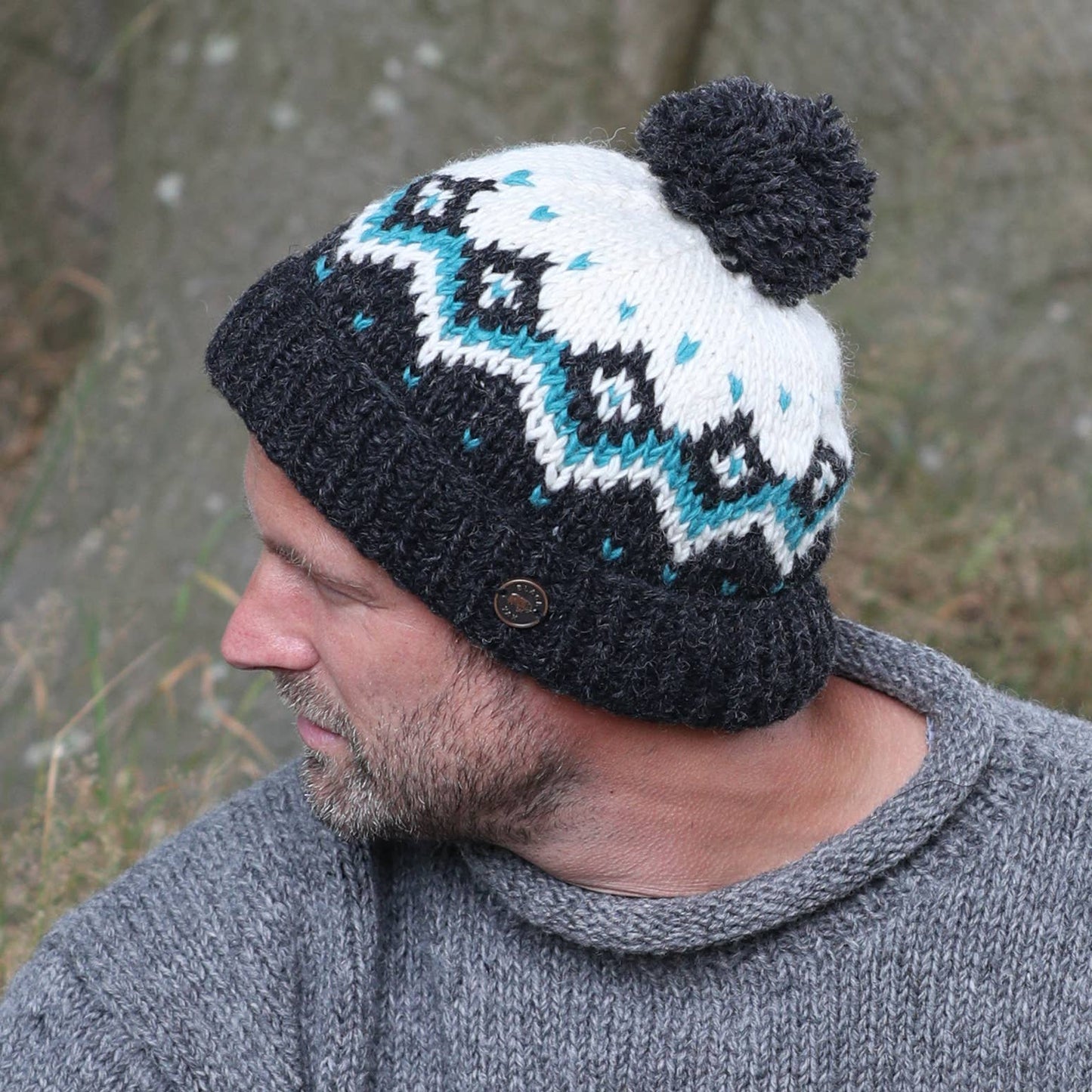 Dot Diamond Bobble Hat - Pure Wool - Knitted - Fair Trade