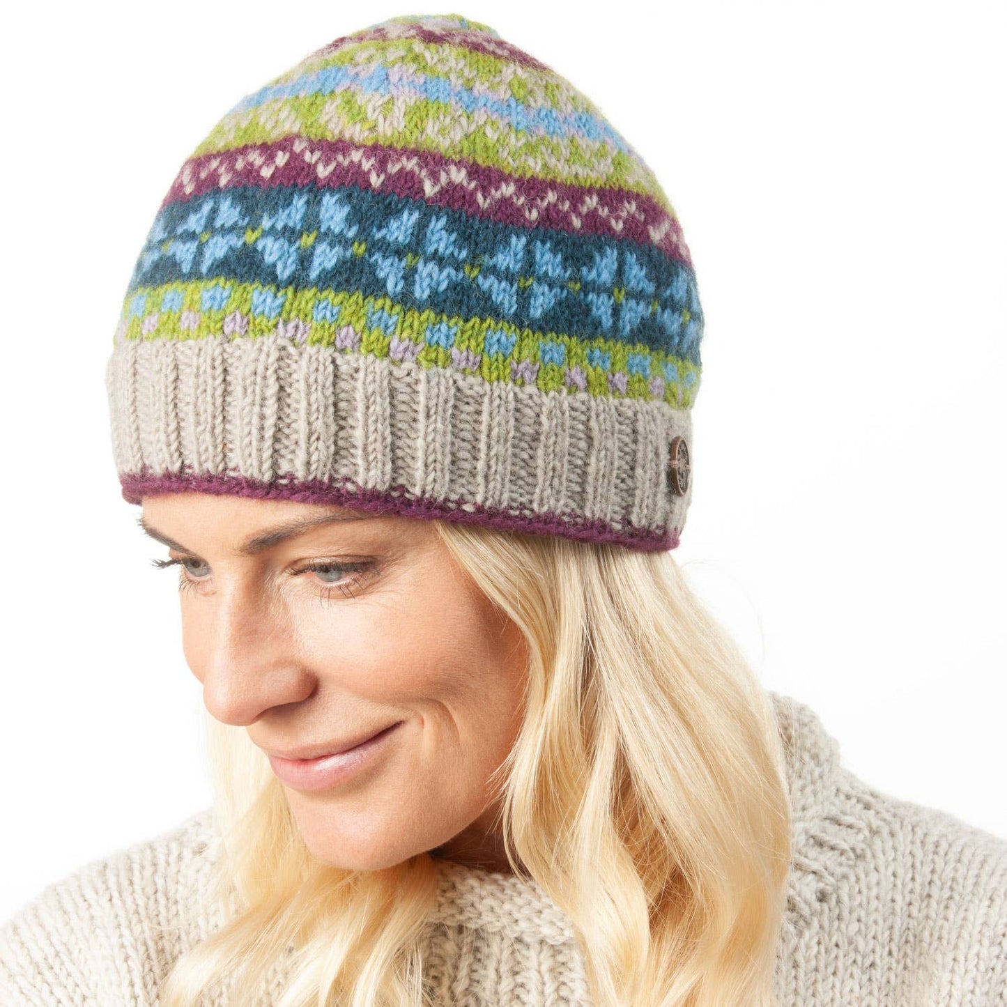 Fair Isle Beanie Pure Wool Hat - Knitted - Fair Trade