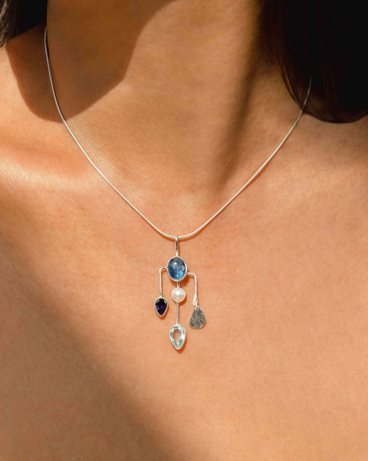 Handmade Kyanite, Iolite, Pearl and Blue Topaz Pendant